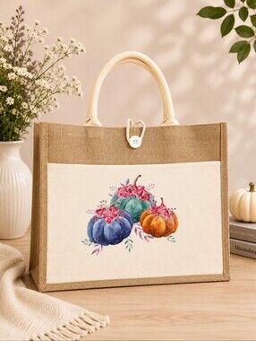 Large Jute Tote Bag Pumpkin Floral Autumn Harvest Reusable Market Bag